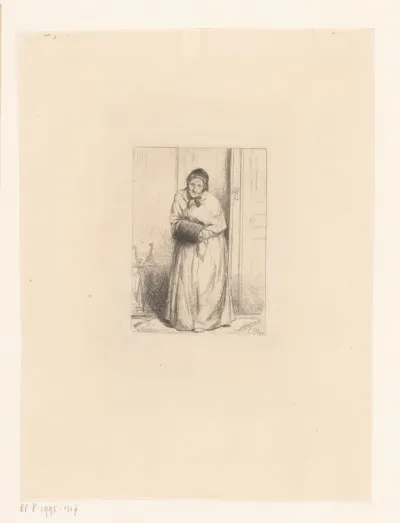 Vrouw met mof, bij een huisdeur