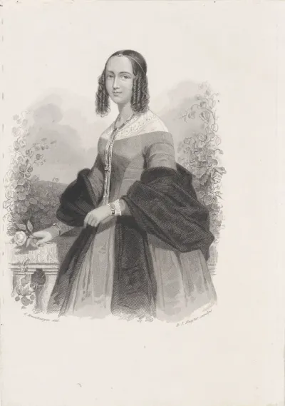 Vrouw met roos voor balustrade