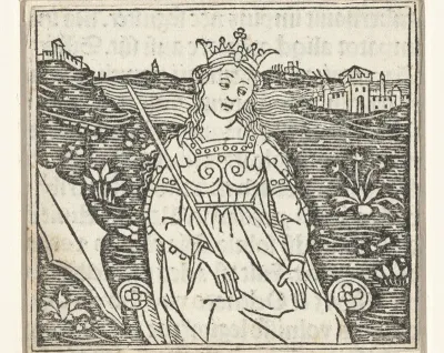 Vrouw met scepter en kroon en wapenschild in landschap