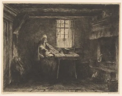 Vrouw met slapend kind in een boereninterieur