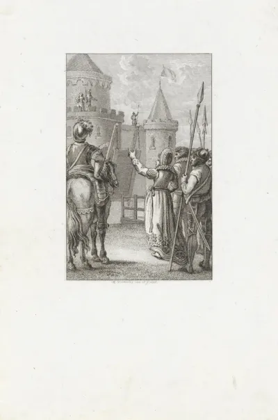 Vrouw met soldaten voor een vesting