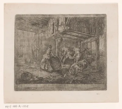 Vrouw met ton in een stal met twee koeien