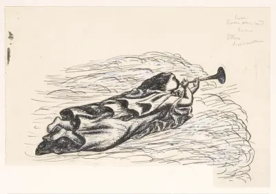 Vrouw met trompet, zwevend op wolken