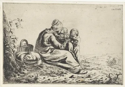 Vrouw met twee kinderen in een glooiend landschap