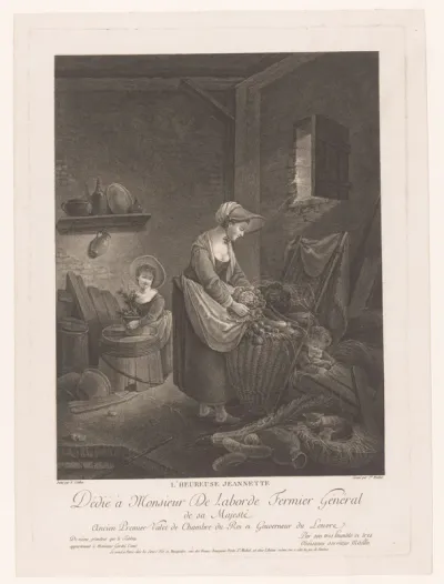 Vrouw met twee kinderen in een interieur met groentemand