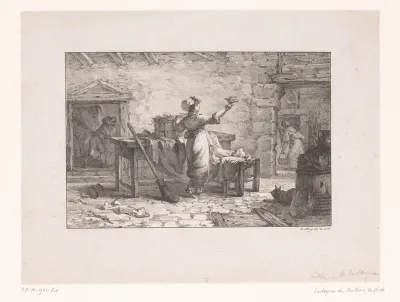 Vrouw met vogel en vogelkooi in een boereninterieur