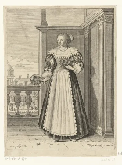 Vrouw met waaier en bloemenmand