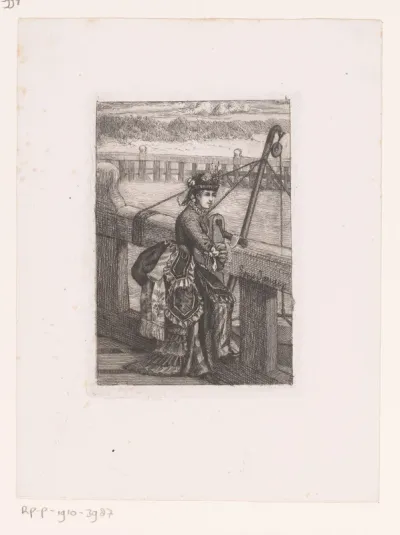 Vrouw op de kade bij een takelkraan met roeiboot