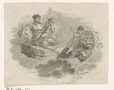 Vrouw op een ligbed met putti en een leeuw