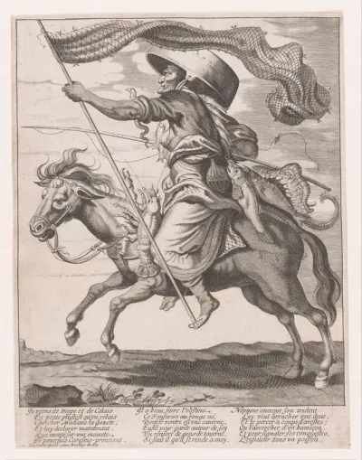 Vrouw op een paard, behangen met vissen en een visnet als vaandel met carnaval