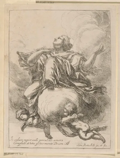 Vrouw op een wolk, opgetild naar de hemel door twee putti
