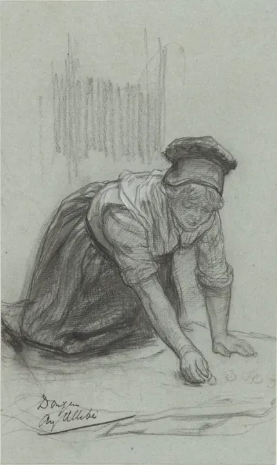 Vrouw op haar knieën, bezig met schoonmaken