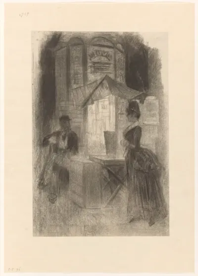 Vrouw passeert een kiosk bij avond