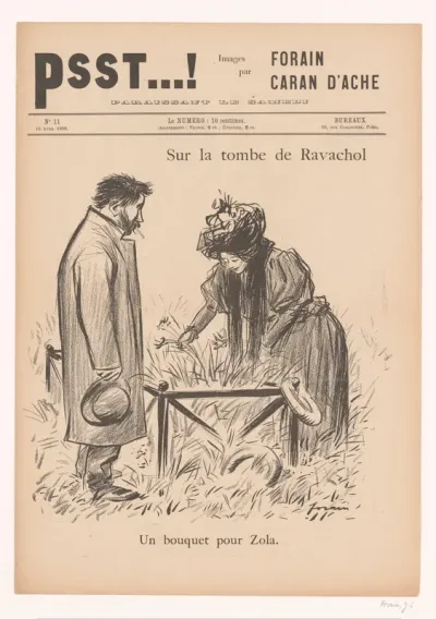Vrouw plukt bloemen voor Émile Zola op het graf van Ravachol