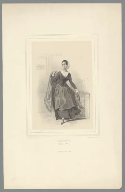 Vrouw (Rigolette) met omslagdoek in een trappenhuis