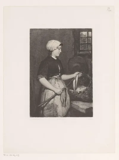 Vrouw rijgt vissen aan een stok