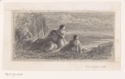 Vrouw rust samen met haar dochters in een landschap