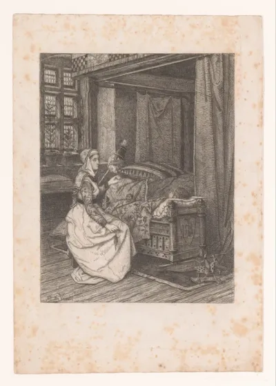 Vrouw spint wol bij een wieg