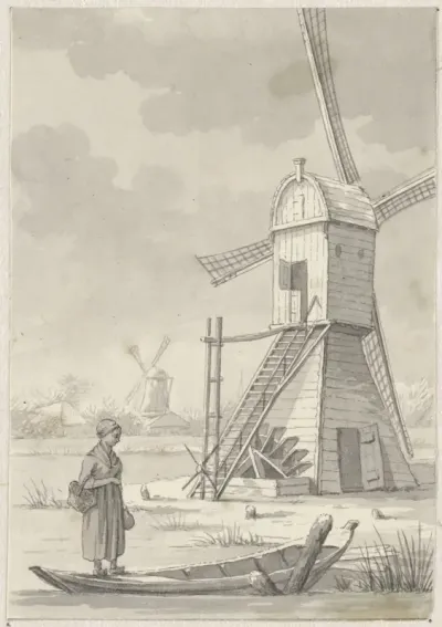 Vrouw staand op een bootje voor een windmolen