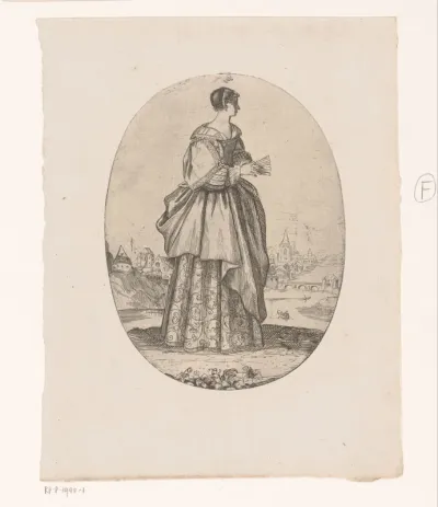 Vrouw, staande in een landschap met stad aan rivier op de achtergrond