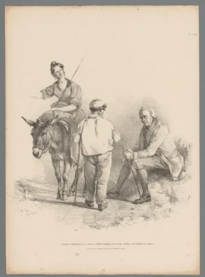 Vrouw te paard bij twee mannen