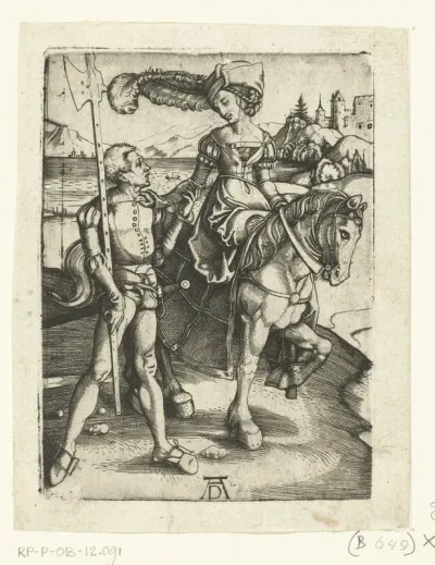 Vrouw te paard en man met hellebaard