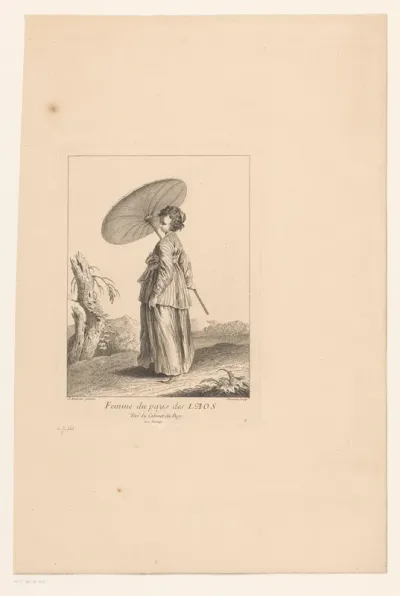 Vrouw uit Laos met parasol in een landschap