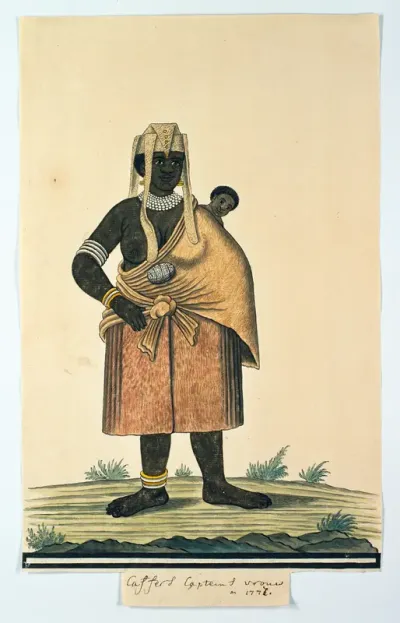 Vrouw van een Xhosa-(mogelijk Gonaqua) stamhoofd met een kind in een draagdoek