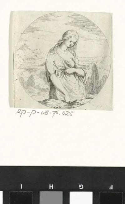 Vrouw, vermoedelijk Maria Magdalena, staande in landschap