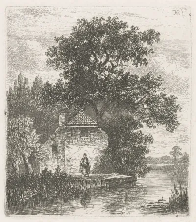 Vrouw voor een boerderij aan het water