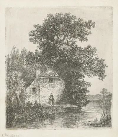 Vrouw voor een boerderij aan het water