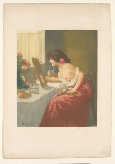Vrouw voor een toilettafel