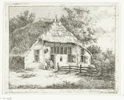 Vrouw voorover gebogen bij een mand voor een huis te Staphorst
