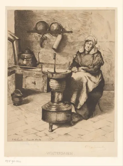 Vrouw warmt haar voeten bij een kachel in de keuken