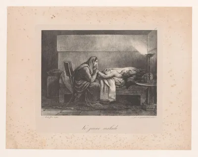 Vrouw zit naast zieke jongeman in bed