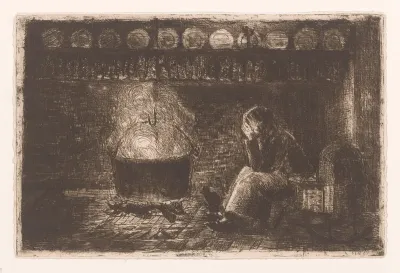 Vrouw zittend bij de haard