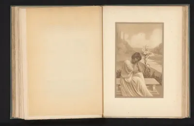 Vrouw zittend op een bank in een landschap met lelie