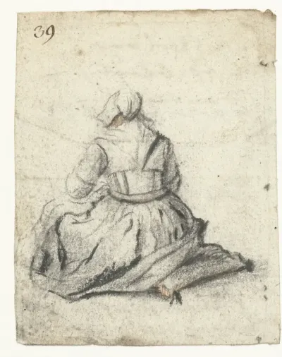 Vrouw zittend op een kussen, van achteren