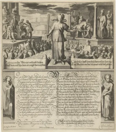 Vrouwe Justitia voor het oordeel van Zaleucus en het oordeel van Cambyses