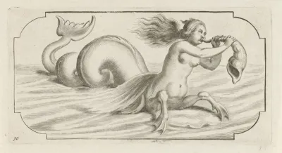 Vrouwelijk figuur blaast op een schelp