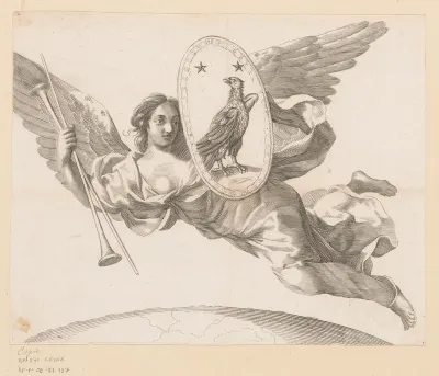 Vrouwelijke figuur met vleugels en wapenschild