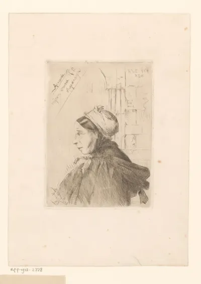 Vrouwelijke halffiguur met muts en cape