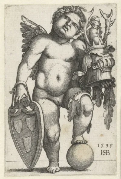 Vrouwelijke putto met wapen op een schild