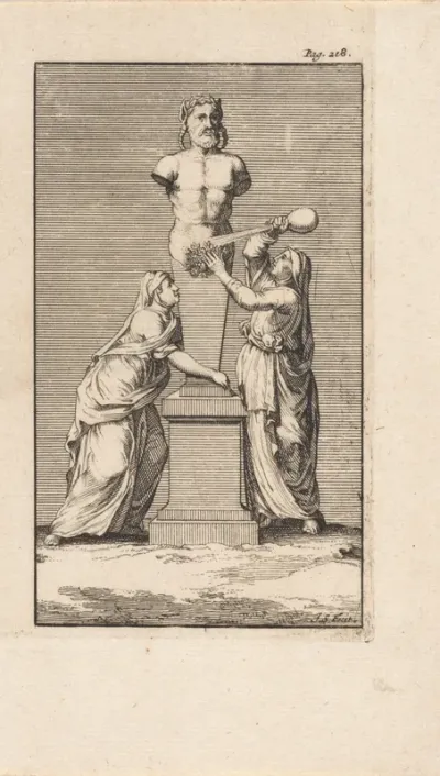Vrouwen aanbidden het beeld van Priapus