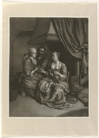 Vrouwen en een man bij de haard