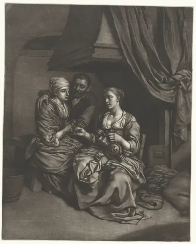Vrouwen en een man bij de haard