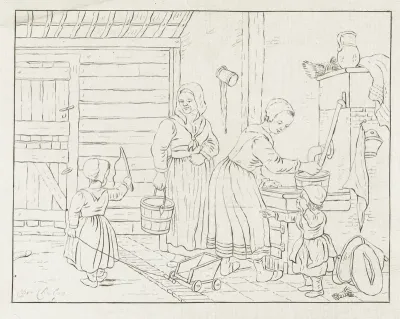 Vrouwen en kinderen in interieur bij waterpomp
