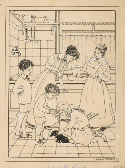 Vrouwen en kinderen met een puppy in een keuken
