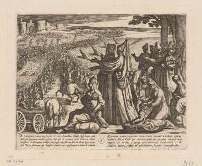 Vrouwen en kinderen zien toe hoe Civilis bij Xanten slag levert met de Romeinen, 69-70