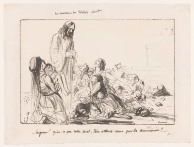 Vrouwen in gebombardeerde kerk klagen Christus aan